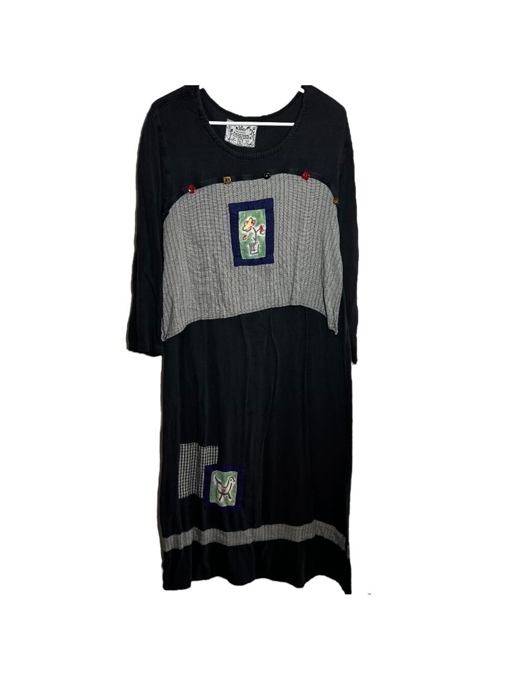 Vintage LA Blend Shirt Dress Floral Patchwork Long Sleeve Crewneck Black XL